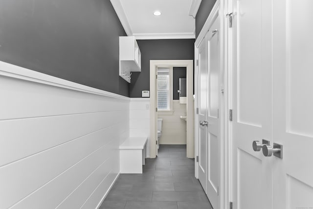 bathroom with toilet, a wainscoted wall, ornamental molding, tile patterned flooring, and recessed lighting