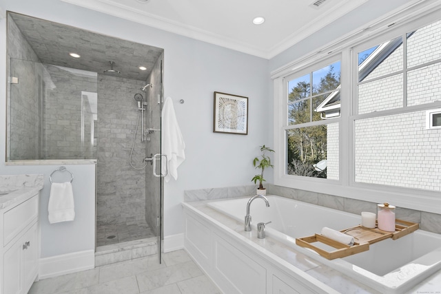 full bath featuring ornamental molding, a stall shower, a garden tub, and baseboards