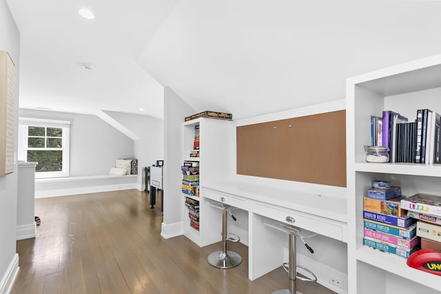 office area featuring lofted ceiling, dark wood-type flooring, recessed lighting, and baseboards