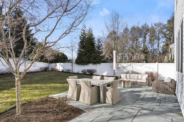 view of patio / terrace featuring outdoor dining area, a fenced backyard, and outdoor lounge area