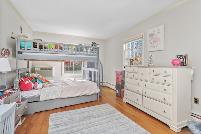 bedroom featuring baseboard heating, an AC wall unit, wood finished floors, and ornamental molding