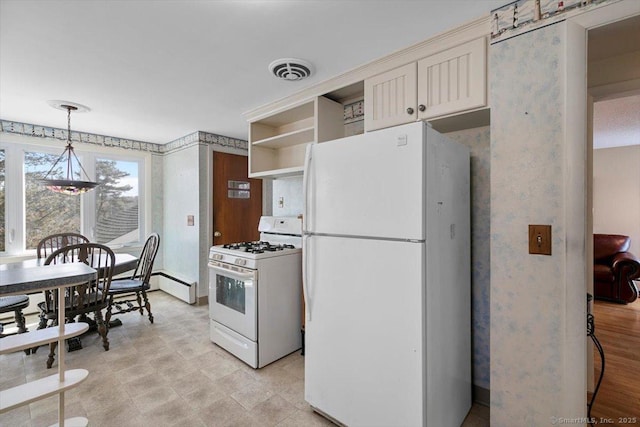 kitchen with white appliances, wallpapered walls, open shelves, baseboard heating, and visible vents