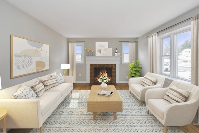 living room featuring a fireplace, baseboards, and wood finished floors