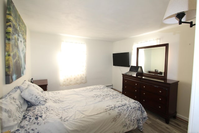 bedroom featuring a baseboard radiator, baseboards, and wood finished floors