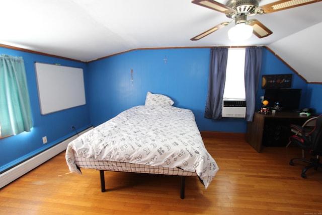 bedroom featuring lofted ceiling, ceiling fan, cooling unit, baseboard heating, and wood-type flooring