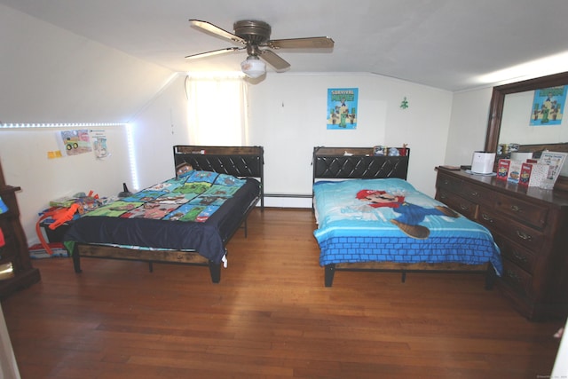 bedroom featuring ceiling fan, a baseboard heating unit, vaulted ceiling, and wood finished floors