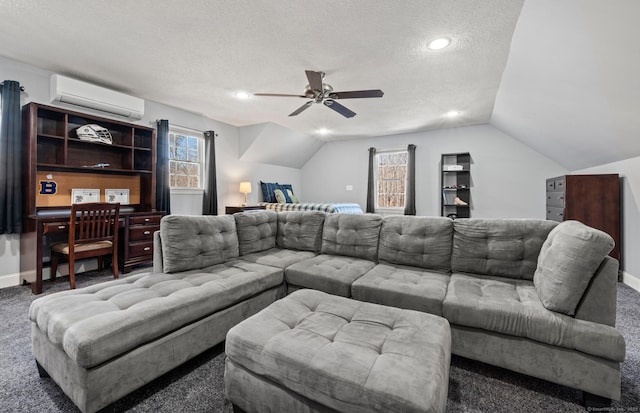 living area with a textured ceiling, a wall mounted AC, carpet, and vaulted ceiling