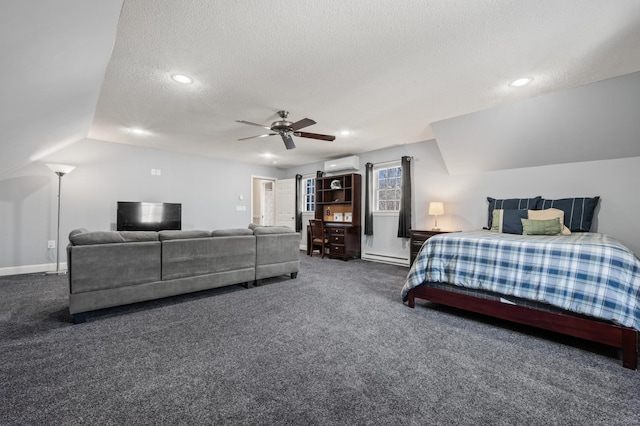 carpeted bedroom with a ceiling fan, lofted ceiling, a textured ceiling, and a wall mounted AC