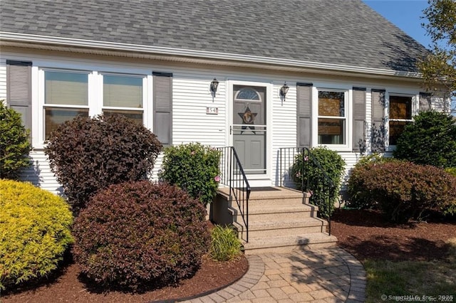 view of exterior entry featuring a shingled roof