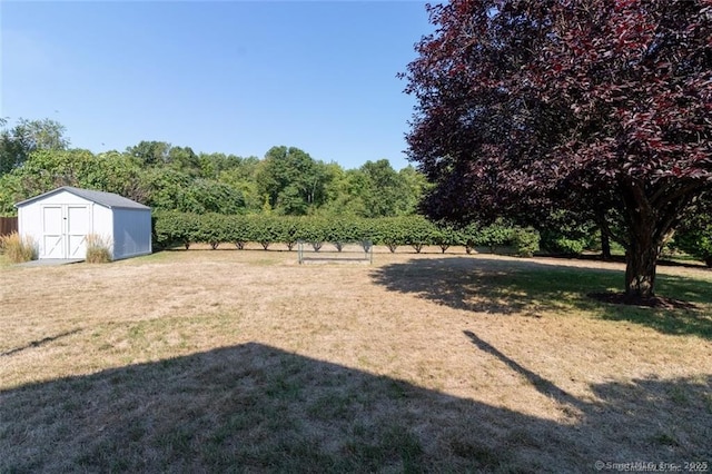 view of yard with a storage shed, fence, and an outdoor structure