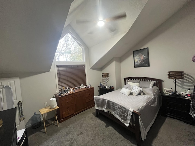 bedroom with carpet floors, ceiling fan, and high vaulted ceiling