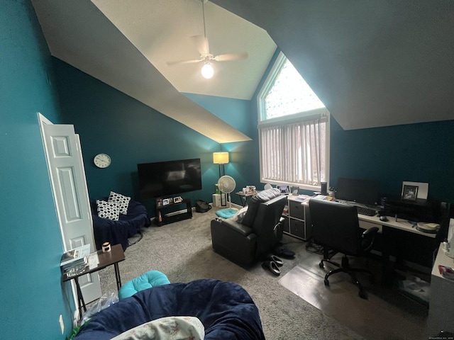 office with a ceiling fan, carpet flooring, and high vaulted ceiling