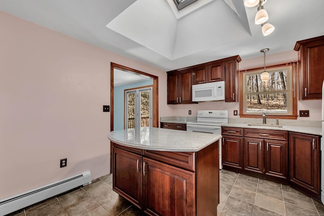 kitchen with white appliances, a skylight, baseboard heating, pendant lighting, and a sink