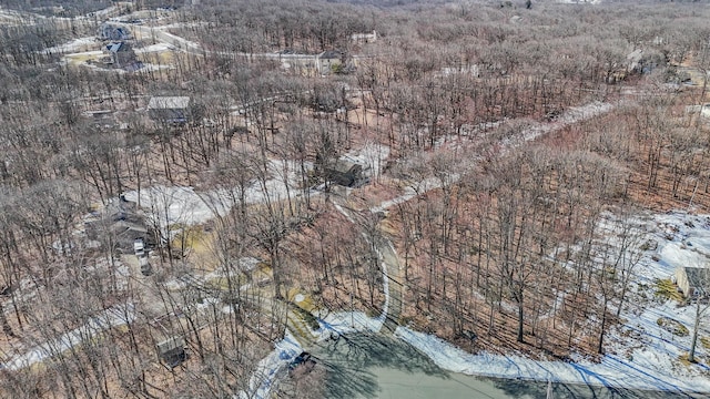 drone / aerial view with a wooded view