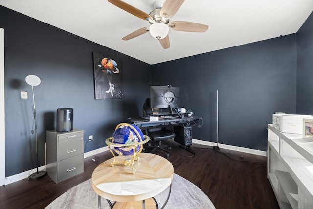 home office with ceiling fan, baseboards, and wood finished floors