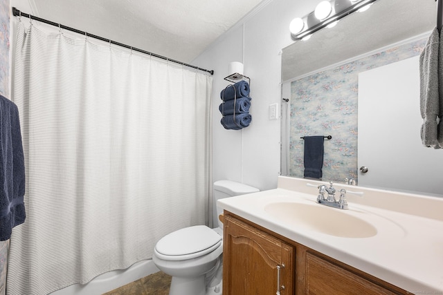 bathroom featuring a textured ceiling, shower / bath combination with curtain, vanity, and toilet