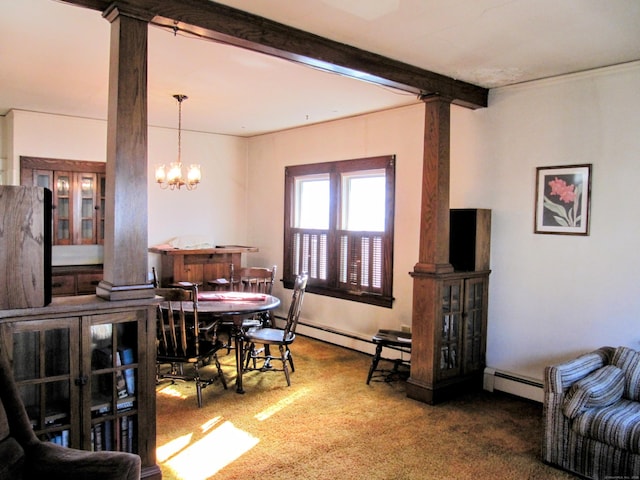 dining space with decorative columns, beamed ceiling, carpet flooring, and a baseboard radiator