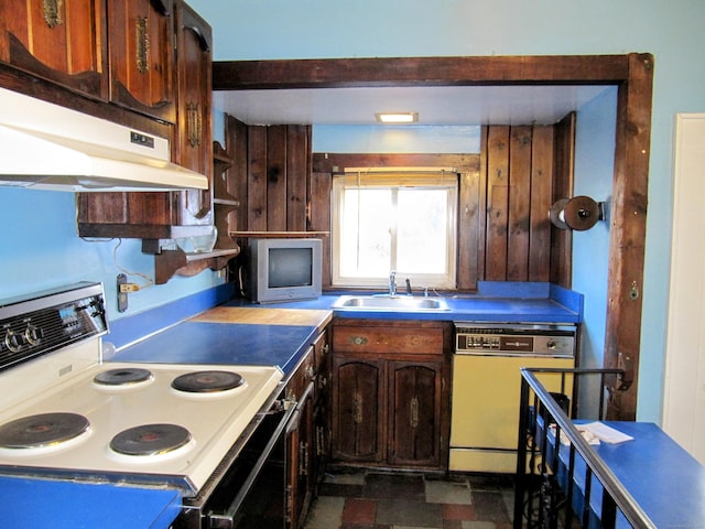 kitchen featuring dishwasher, a sink, under cabinet range hood, and white range with electric cooktop