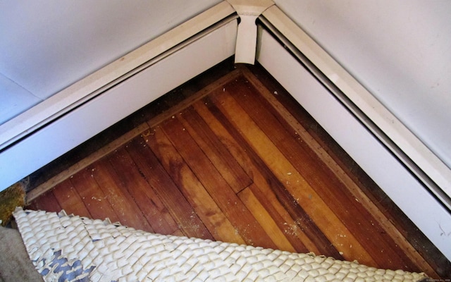 room details featuring a baseboard heating unit and wood finished floors