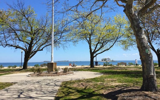 view of community with a water view