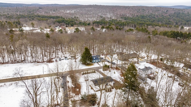 snowy aerial view with a view of trees