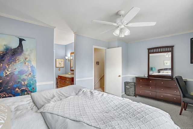 carpeted bedroom featuring a sink, ceiling fan, connected bathroom, and crown molding