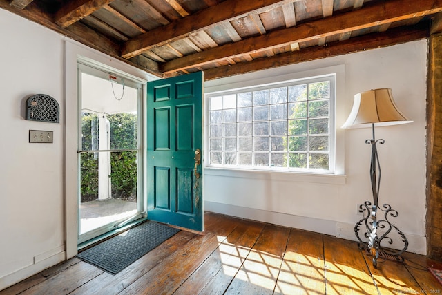 175 Mountain Rd, Wilton, CT 06897 - foyer featuring a wood ceiling with exposed beams and dark wood-style flooring