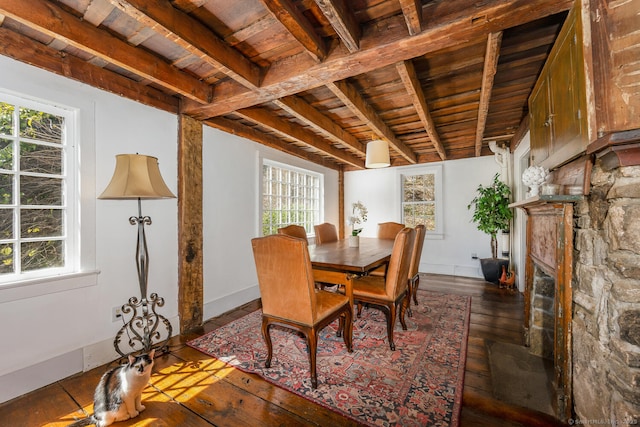 175 Mountain Rd, Wilton, CT 06897 - dining space with a wood ceiling with exposed beams, plenty of natural light, hardwood / wood-style flooring, and a fireplace with flush hearth