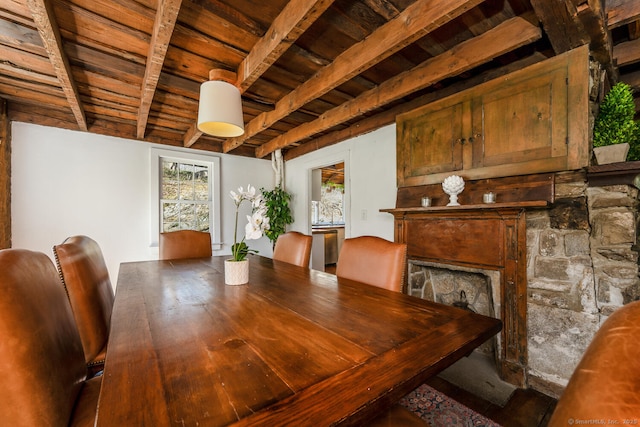 175 Mountain Rd, Wilton, CT 06897 - dining space featuring a wooden ceiling with exposed beams