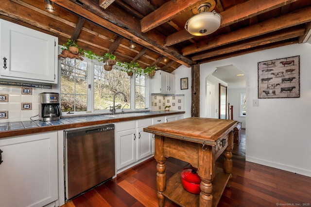 175 Mountain Rd, Wilton, CT 06897 - bar featuring dishwasher, tasteful backsplash, plenty of natural light, dark wood-type flooring, and wooden ceiling