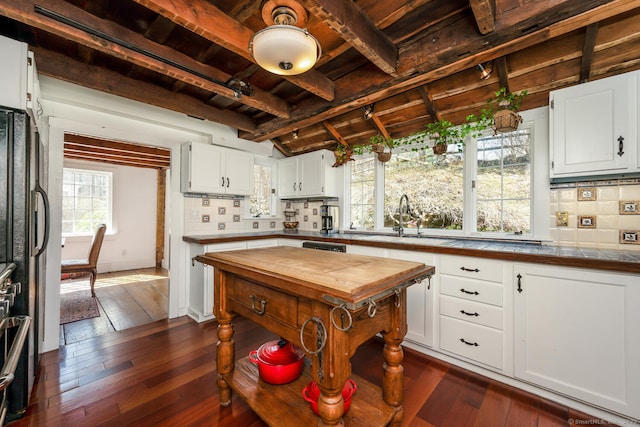 175 Mountain Rd, Wilton, CT 06897 - kitchen featuring wooden ceiling, wood counters, dark wood-style flooring, white cabinets, and backsplash