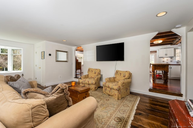 175 Mountain Rd, Wilton, CT 06897 - living area featuring dark wood-type flooring, healthy amount of natural light, recessed lighting, and beamed ceiling