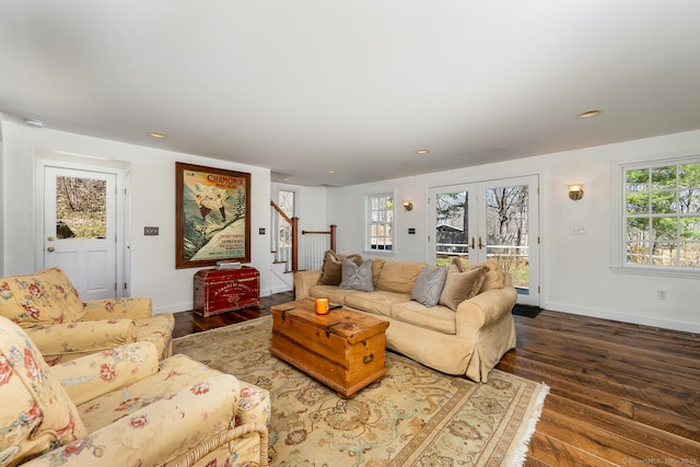 175 Mountain Rd, Wilton, CT 06897 - living room with hardwood / wood-style flooring, stairway, french doors, and recessed lighting