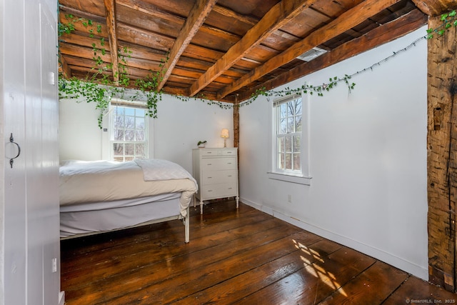 175 Mountain Rd, Wilton, CT 06897 - bedroom with a wood ceiling with exposed beams, multiple windows, and hardwood / wood-style flooring