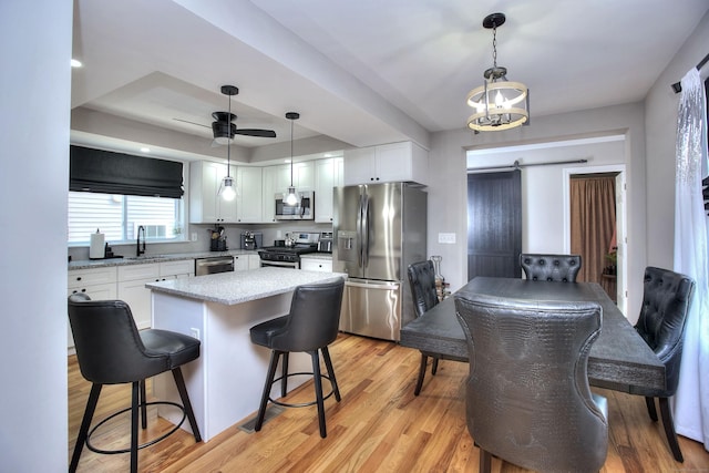 kitchen featuring light wood finished floors, white cabinetry, appliances with stainless steel finishes, and a tray ceiling