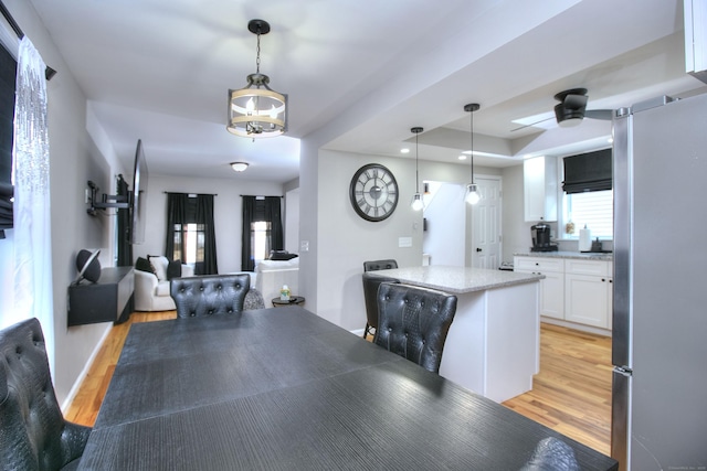 dining room featuring a raised ceiling, a ceiling fan, and light wood-style floors