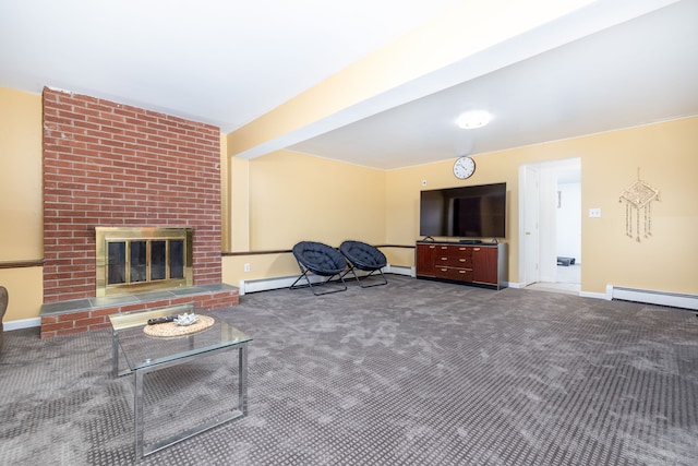 unfurnished living room featuring a baseboard radiator, a brick fireplace, and carpet flooring