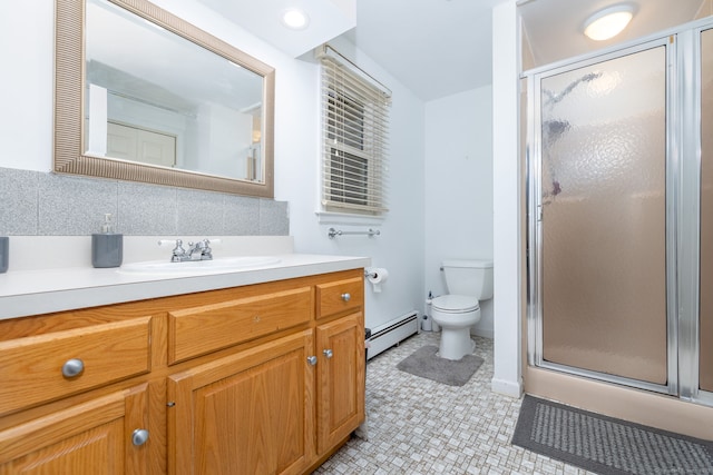 full bathroom with a baseboard radiator, toilet, vanity, a shower stall, and tasteful backsplash