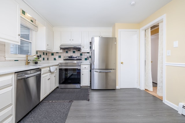 kitchen featuring white cabinets, a sink, stainless steel appliances, under cabinet range hood, and backsplash