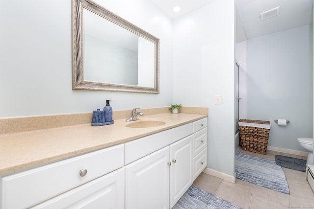 full bath featuring visible vents, baseboards, toilet, tile patterned flooring, and vanity