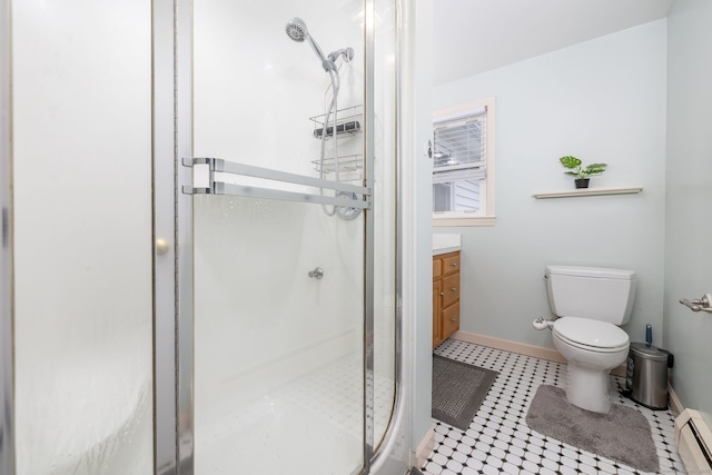 full bathroom with toilet, a baseboard radiator, vanity, and a shower stall