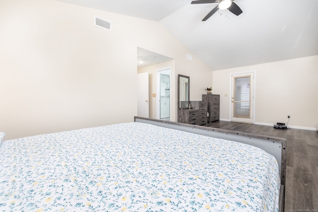 bedroom featuring baseboards, visible vents, a ceiling fan, lofted ceiling, and wood finished floors