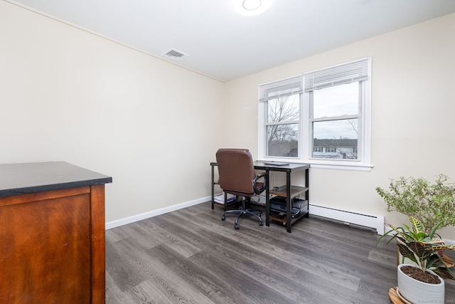 office featuring a baseboard radiator, dark wood finished floors, visible vents, and baseboards