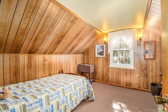 bedroom with lofted ceiling and wood walls