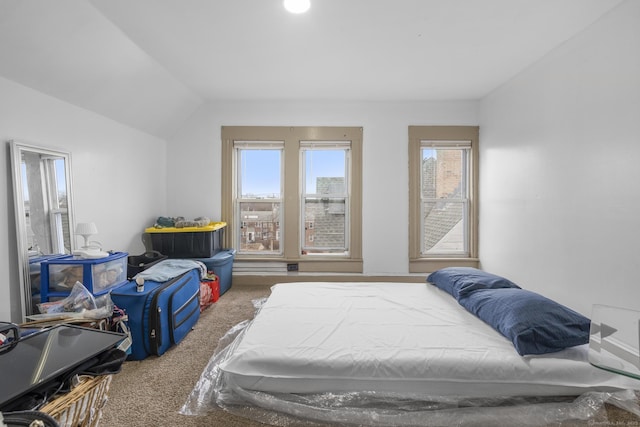 bedroom featuring carpet flooring and vaulted ceiling