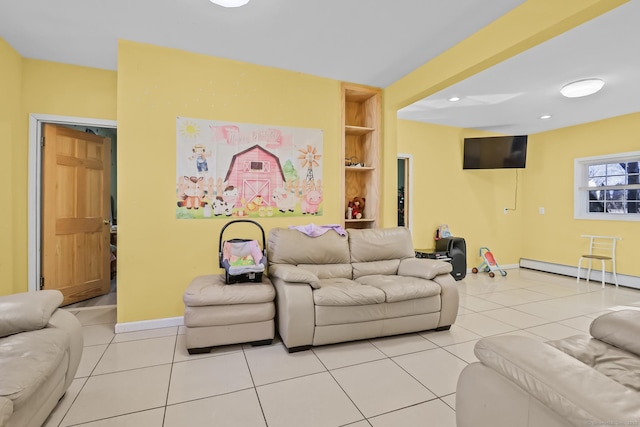 living area with light tile patterned floors, built in shelves, baseboards, recessed lighting, and baseboard heating