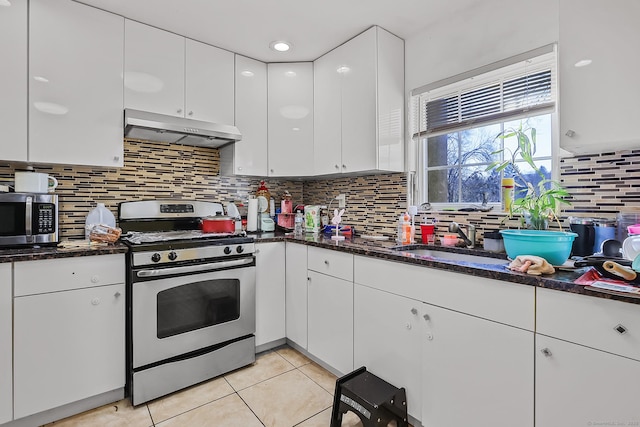 kitchen with under cabinet range hood, decorative backsplash, stainless steel appliances, white cabinetry, and a sink