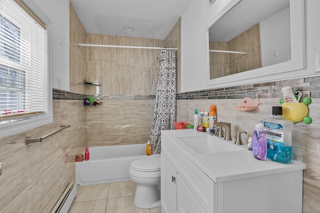 full bath with toilet, tile walls, and shower / bath combo