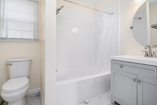 full bathroom featuring marble finish floor, vanity, toilet, and shower / tub combo with curtain