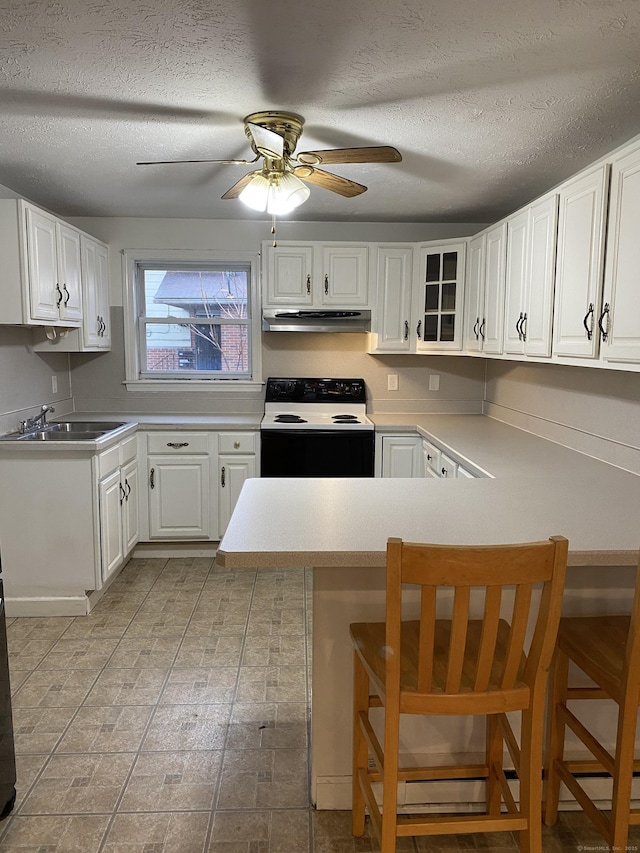 kitchen featuring a peninsula, a sink, electric range oven, white cabinets, and under cabinet range hood